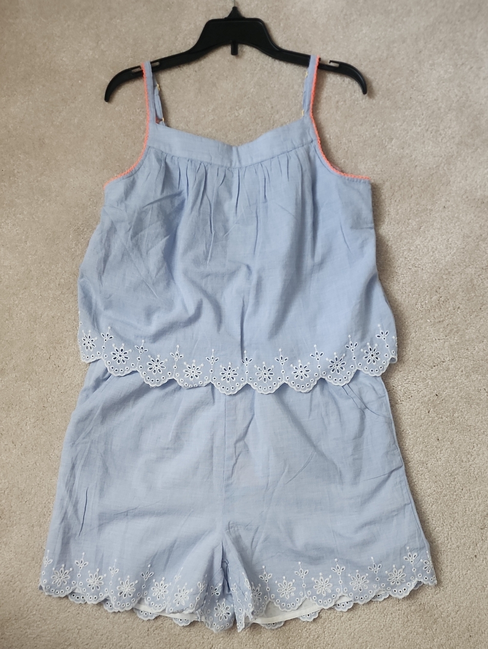 Boden Girls Chambray And White Light Eyelet Romper with Coral Trim